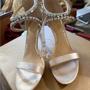 Badgley Mischka Champagne Satin Crystal-Strap Heels